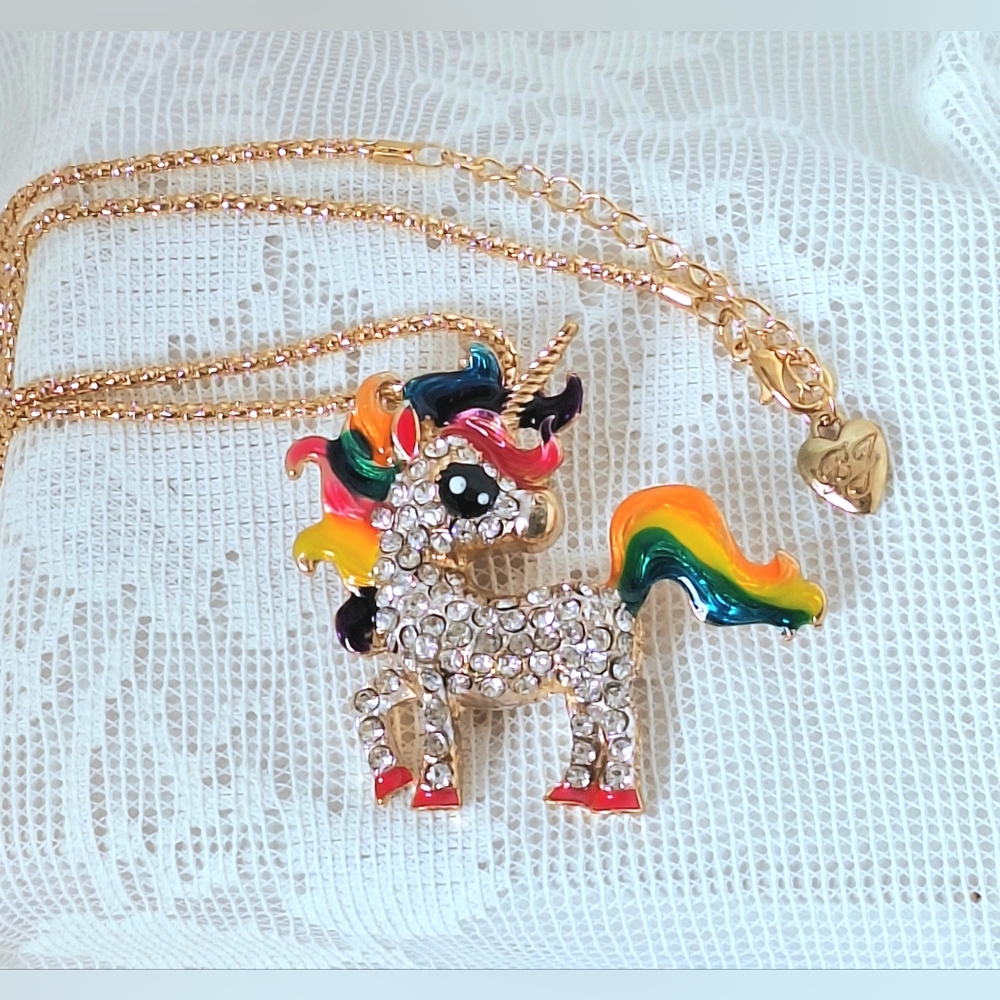 Colorful "One-of-a-kind" Rainbow enamel Unicorn pendant necklace, rhinestones